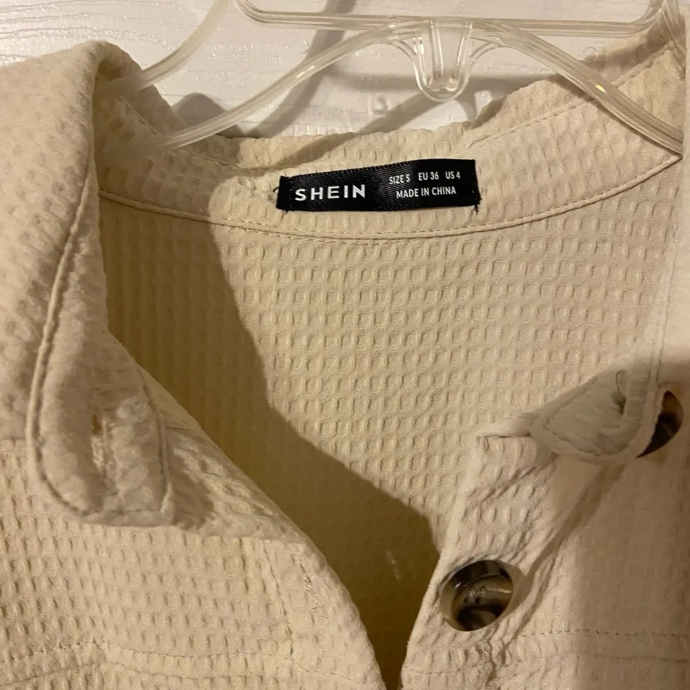 SHEIN Cream Button-Up Waffle Texture Long Sleeve Shirt - Picture 2 of 6